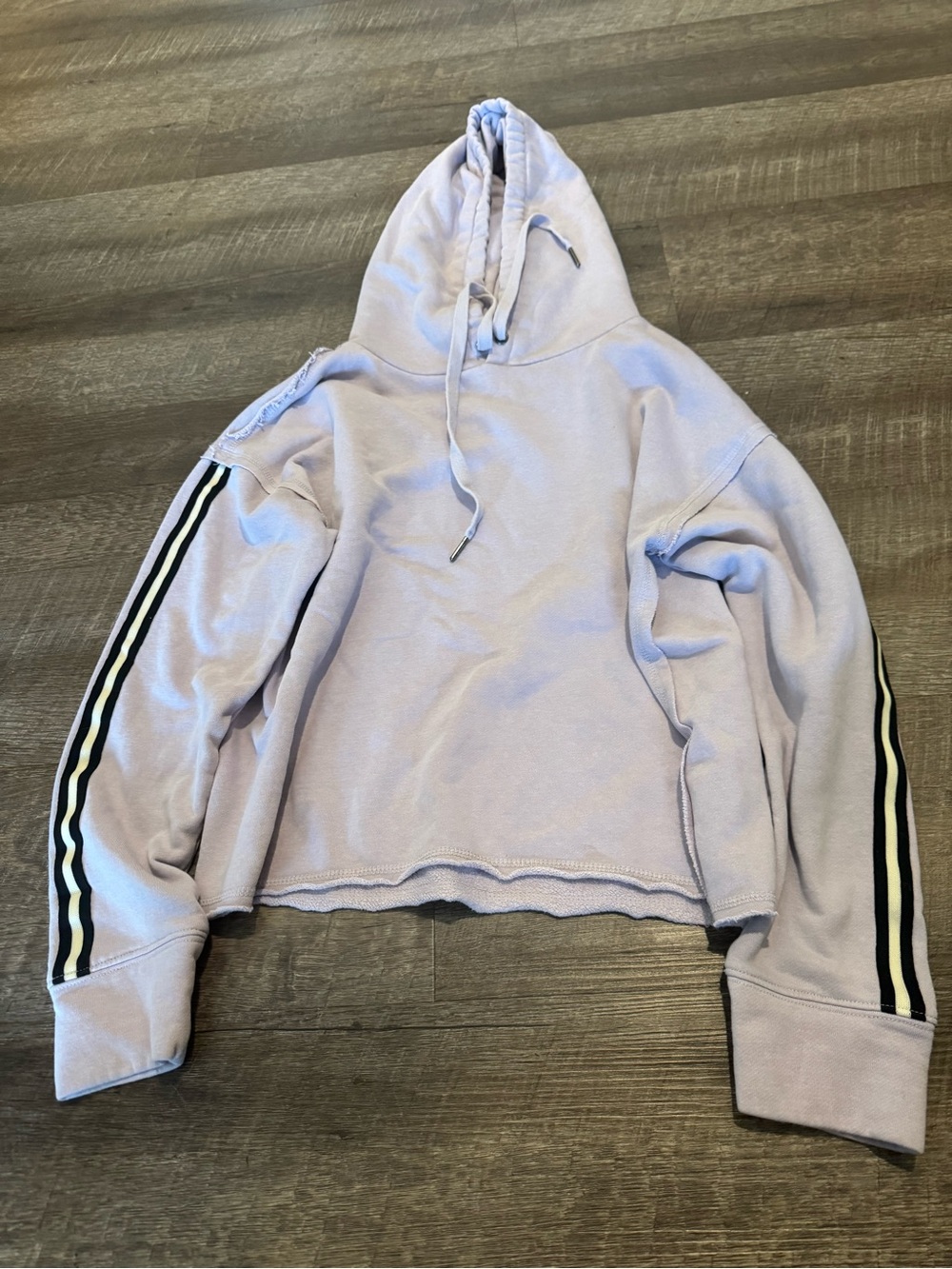 Evereve Light Purple Cropped Hoodie with Black Stripe Sleeve Detail